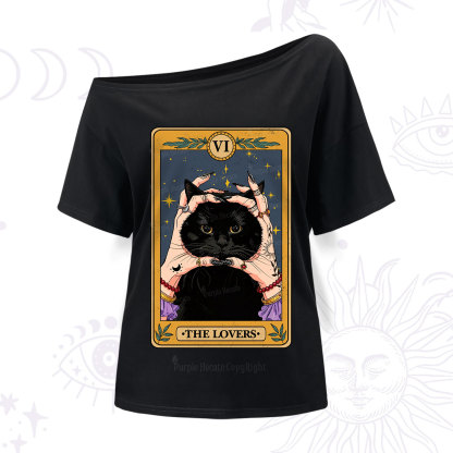Purplehecate Black Cat The Lovers Tarot Card One Shoulder T-Shirt
