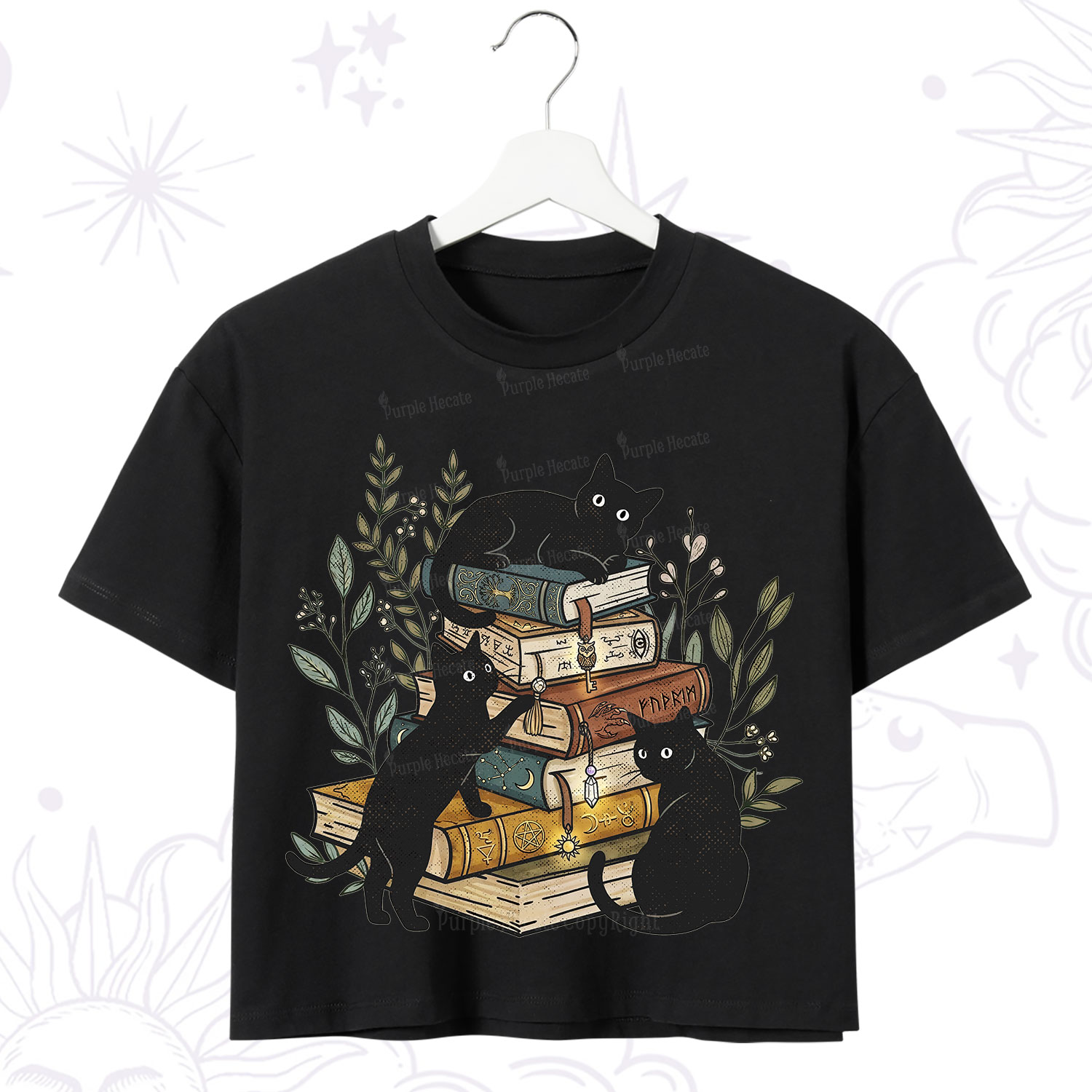 Purplehecate Enchanted Library Three Black Cats Crop T-Shirt