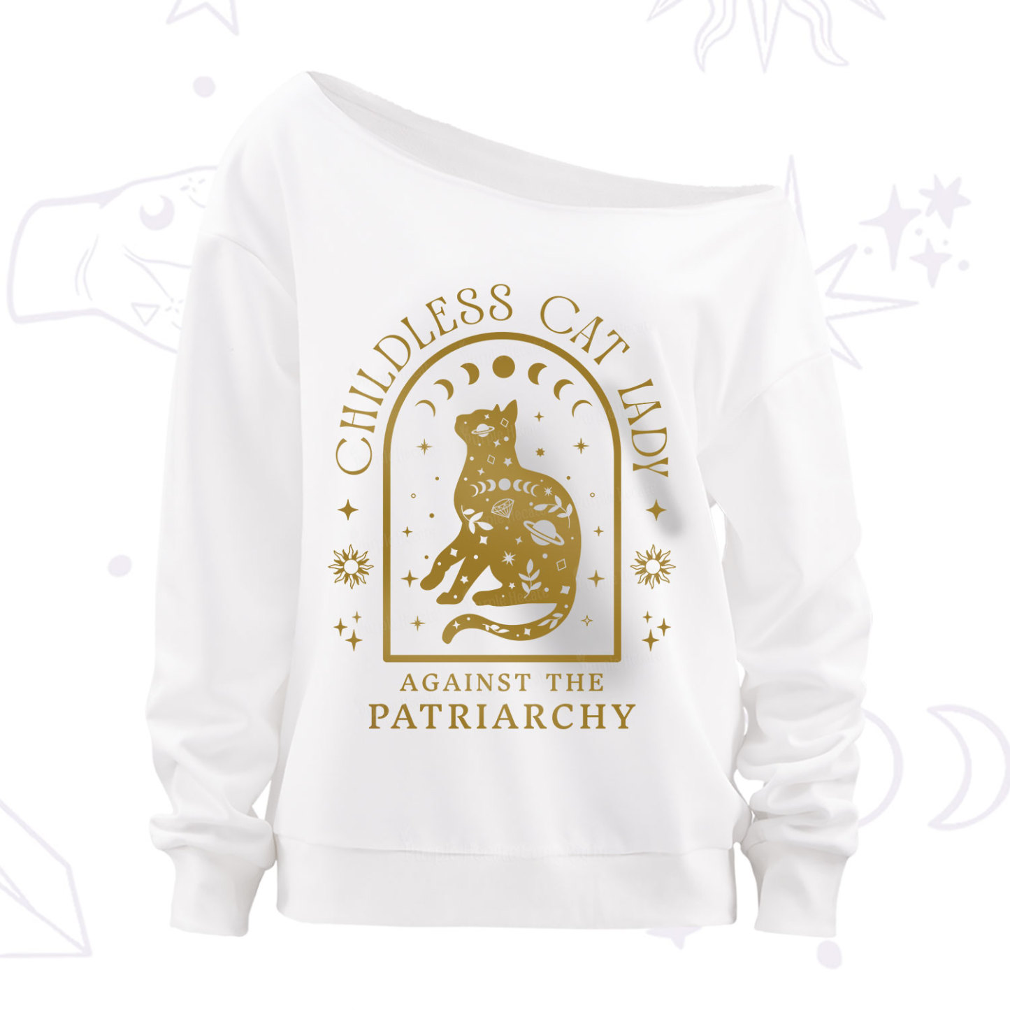 Purplehecate Childless Cat Lady Against the Patriarchy Off The Shoulder Sweatshirt