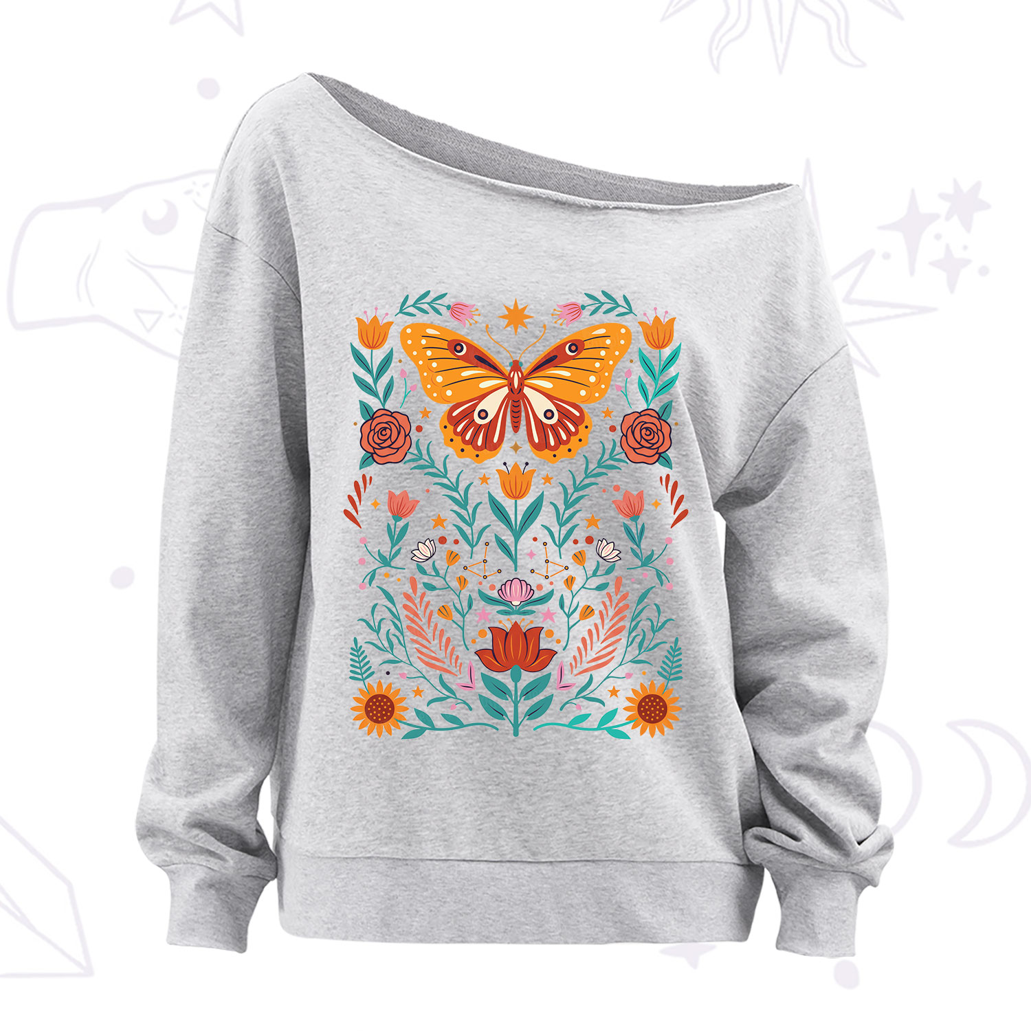 Purplehecate Boho Colorful Celestial Butterfly Off The Shoulder Sweatshirt
