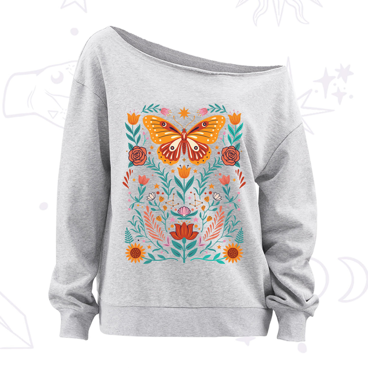 Purplehecate Boho Colorful Celestial Butterfly Off The Shoulder Sweatshirt