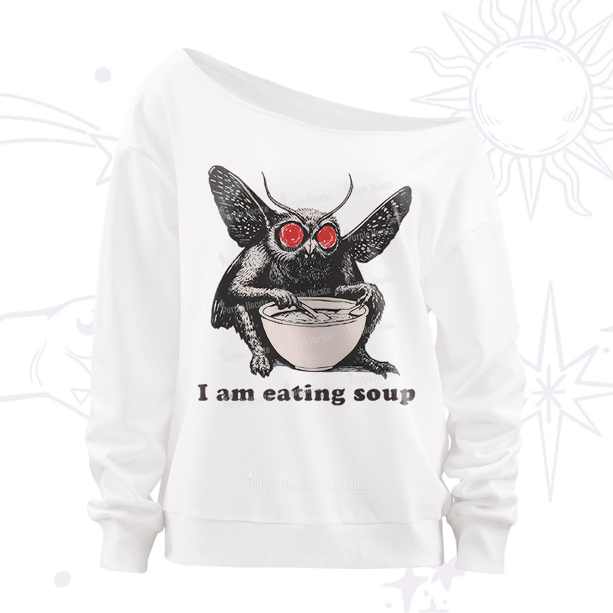 Purplehecate Mothman Eating Soup Off The Shoulder Sweatshirt