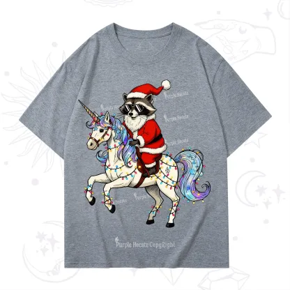 Purplehecate Santa Raccoon Riding Unicorn Tee Christmas T-Shirt