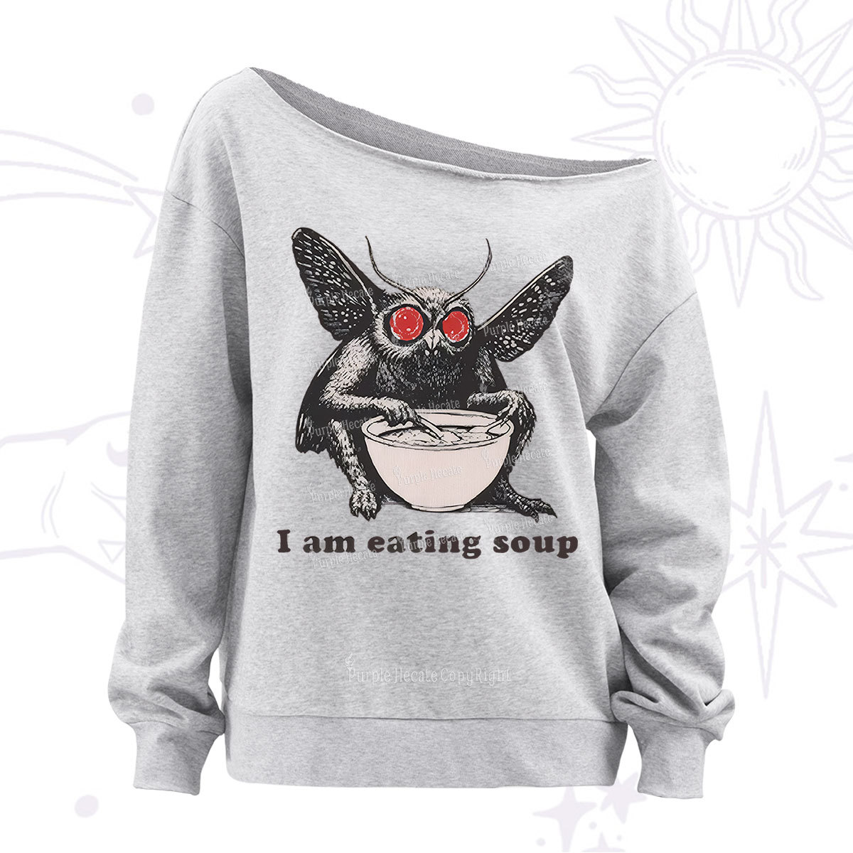 Purplehecate Mothman Eating Soup Off The Shoulder Sweatshirt