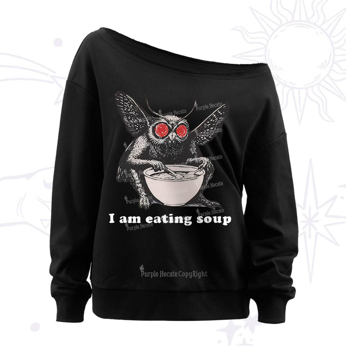 Purplehecate Mothman Eating Soup Off The Shoulder Sweatshirt