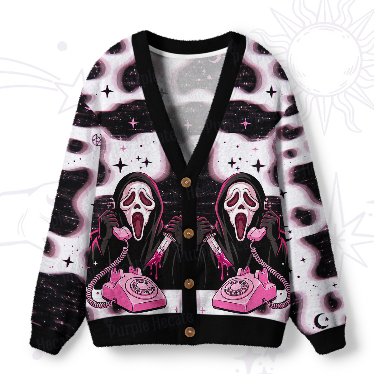 Purplehecate Ghost Face Scream Mask Phone Call Ugly Cardigan Sweaters