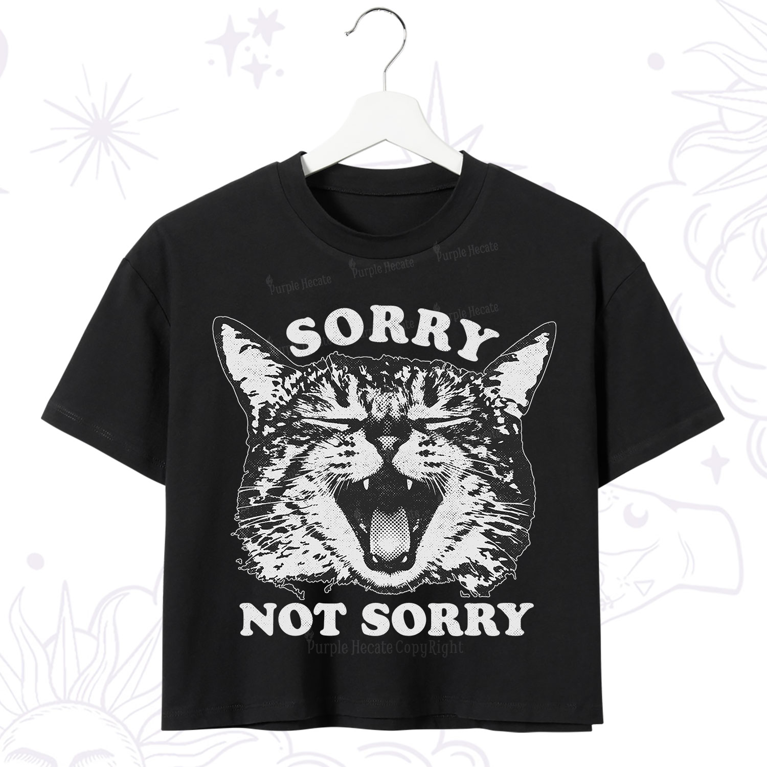 Purplehecate Sorry Not Sorry Funny Cat Crop T-Shirt