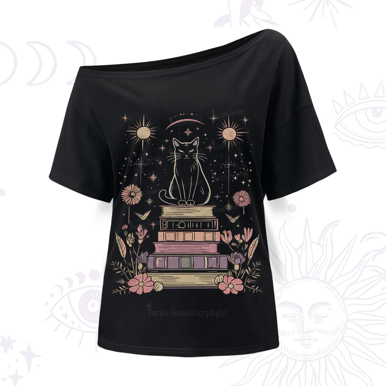 Purplehecate Mystical Cat Reading a Witchy Book One Shoulder T-Shirt