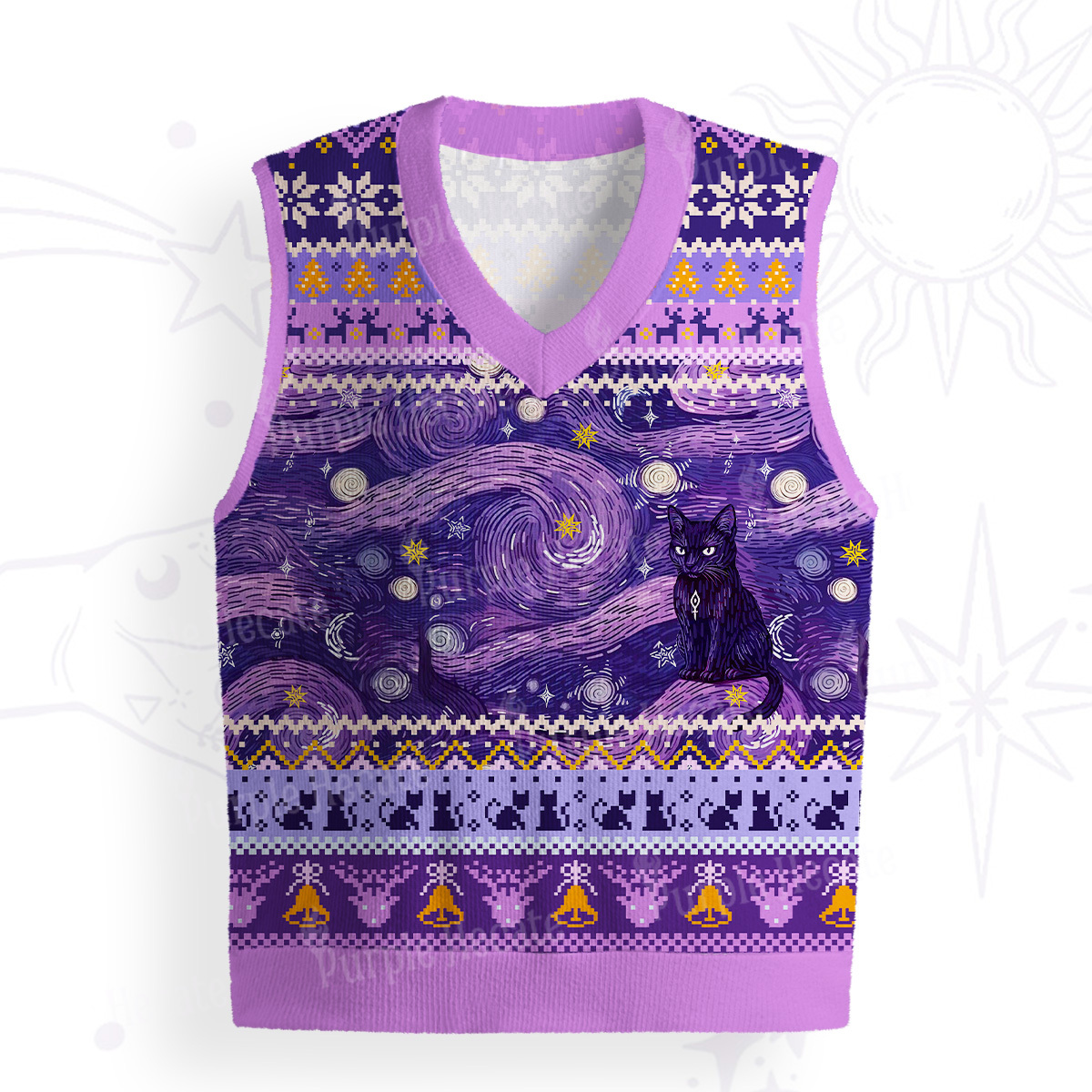 Purplehecate Mystic Cat Beneath the Cosmic Veil Ugly Christmas Vest