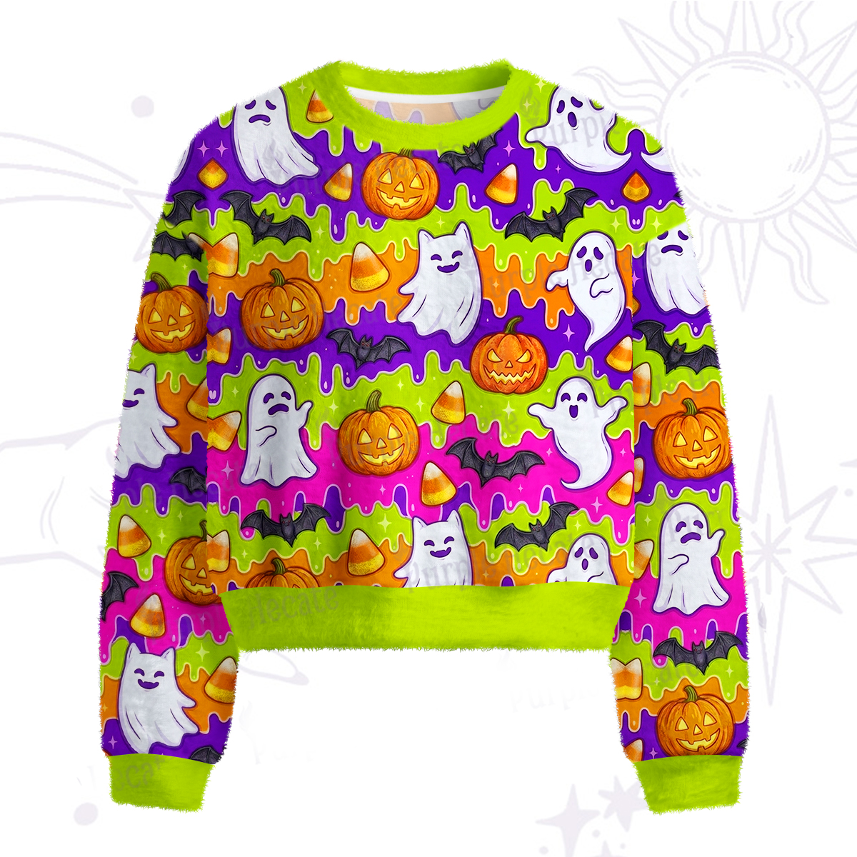 Purplehecate Halloween Ghost Jack‑o'-Lantern Fuzzy Crewneck Sweater