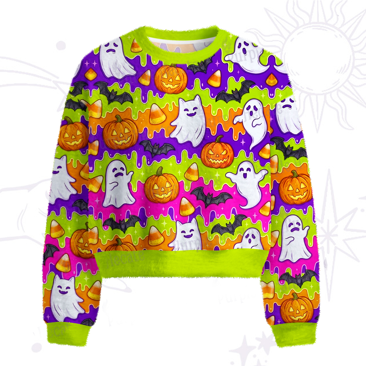 Purplehecate Halloween Ghost Jack‑o'-Lantern Fuzzy Crewneck Sweater