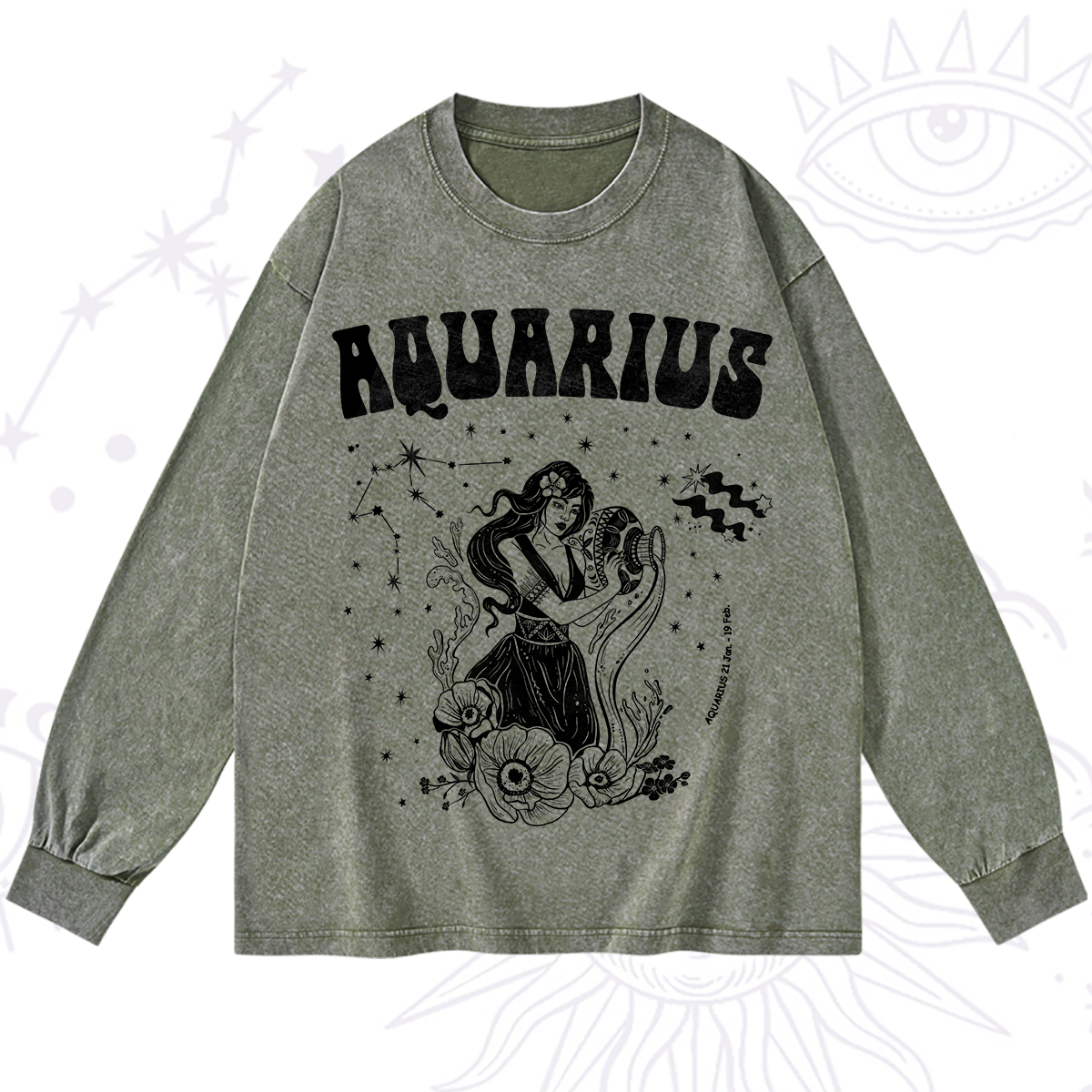 Purplehecate Aquarius Zodiac Glyphs Washed Long Sleeve Shirt