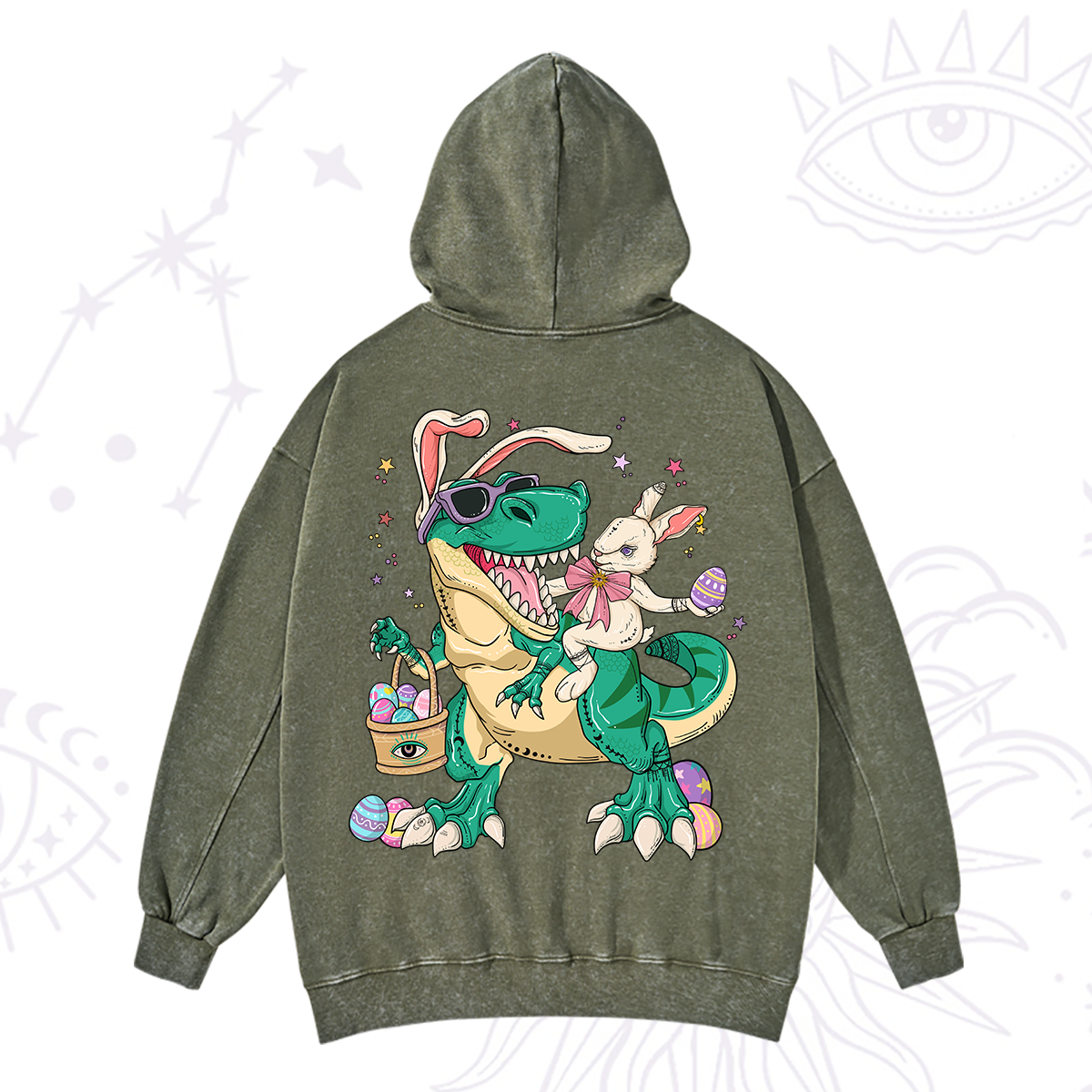 Purplehecate Easter Bunny Riding Dinosaur Washed Hoodie