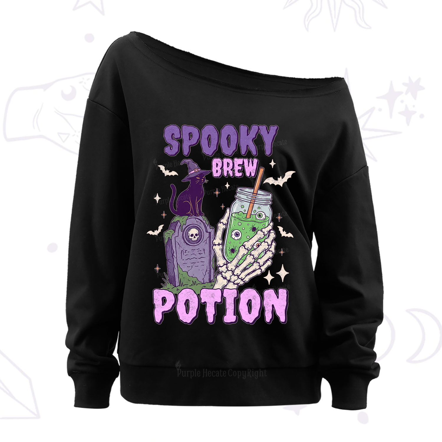 Purplehecate Spooky Brew Potion Halloween Off The Shoulder Sweatshirt
