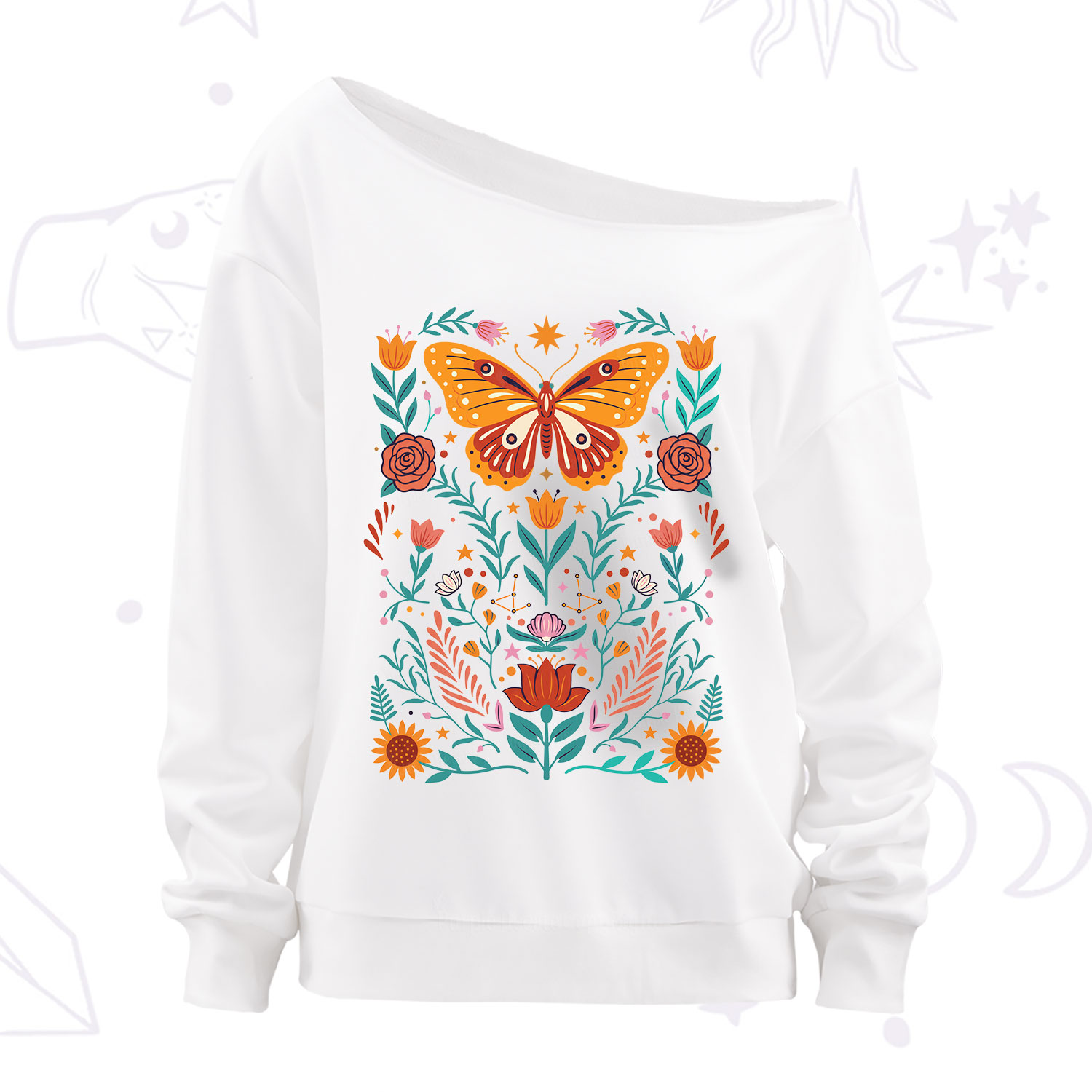 Purplehecate Boho Colorful Celestial Butterfly Off The Shoulder Sweatshirt