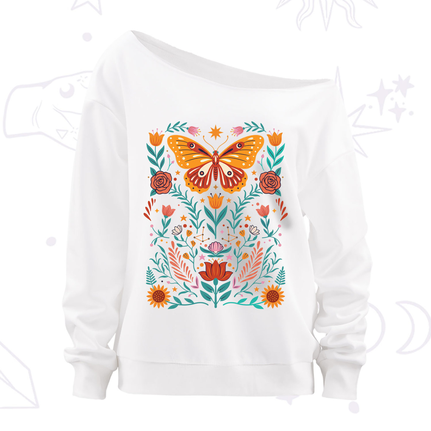 Purplehecate Boho Colorful Celestial Butterfly Off The Shoulder Sweatshirt