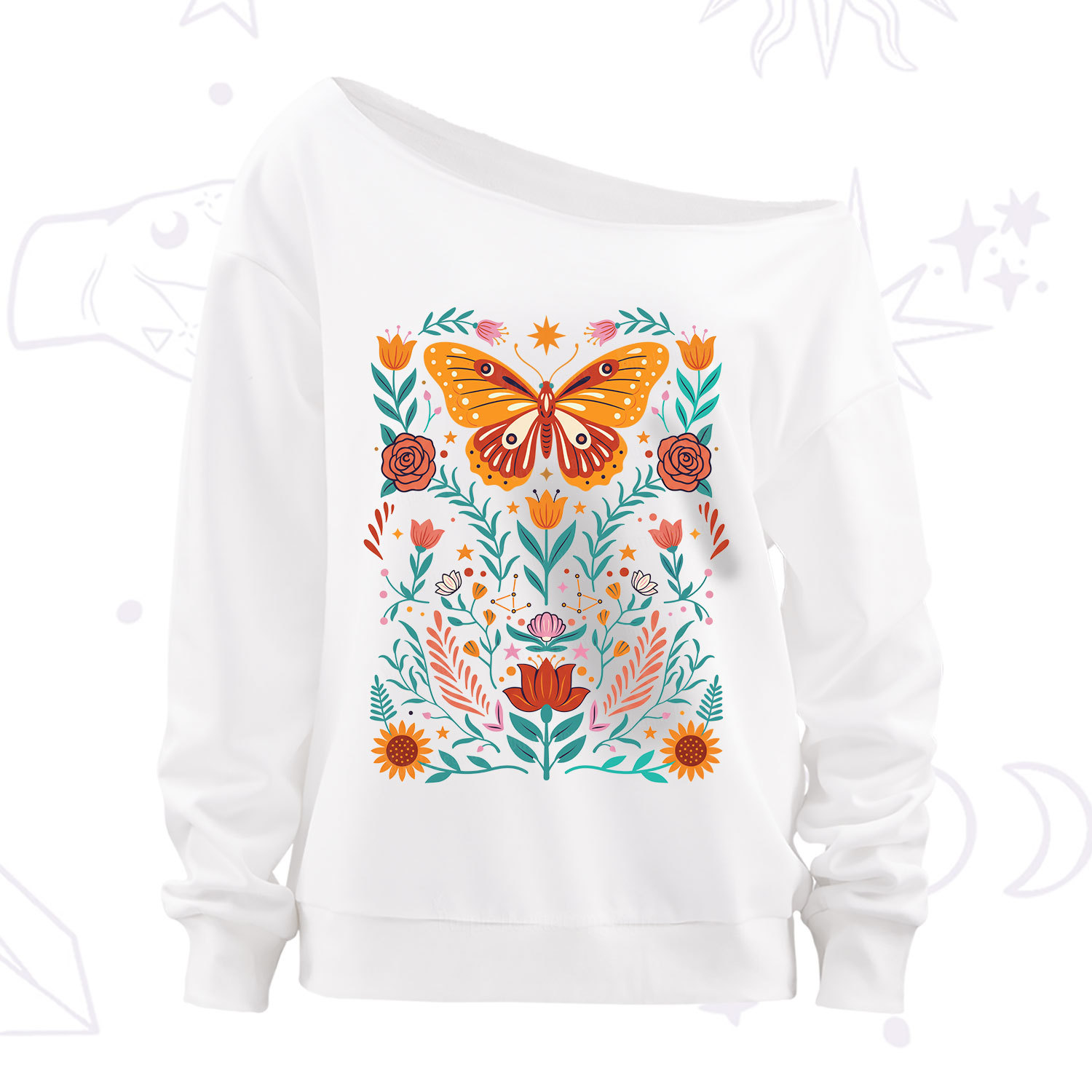 Purplehecate Boho Colorful Celestial Butterfly Off The Shoulder Sweatshirt
