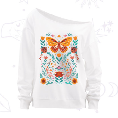 Purplehecate Boho Colorful Celestial Butterfly Off The Shoulder Sweatshirt