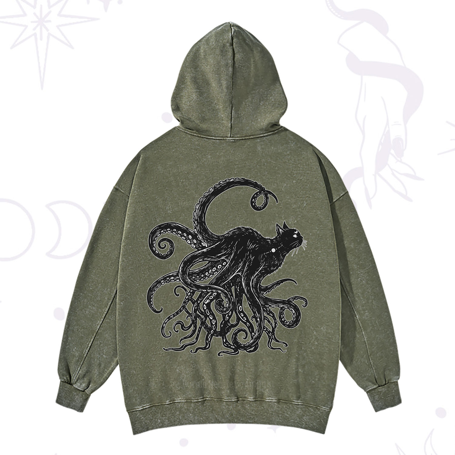 Purplehecate Black Cat with Octopus Tentacles Washed Hoodie