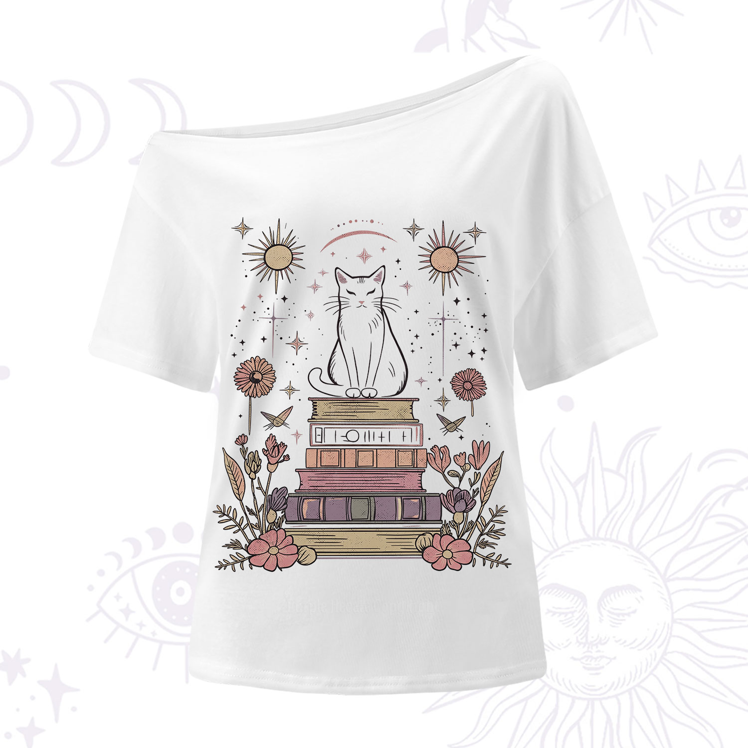 Purplehecate Mystical Cat Reading a Witchy Book One Shoulder T-Shirt