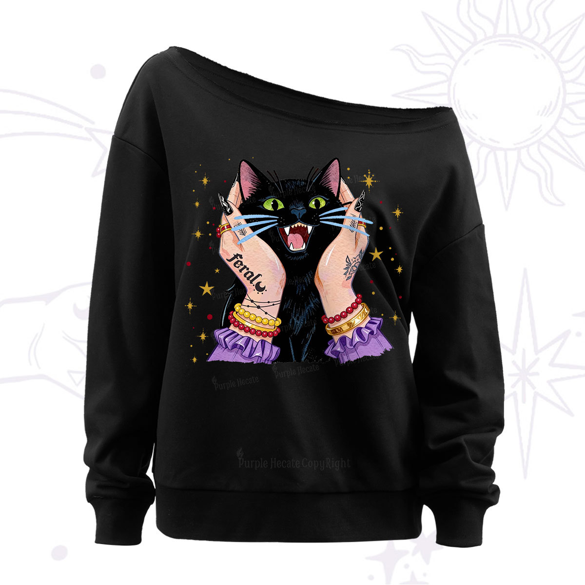 Purplehecate Feral Cat Magic Off The Shoulder Sweatshirt