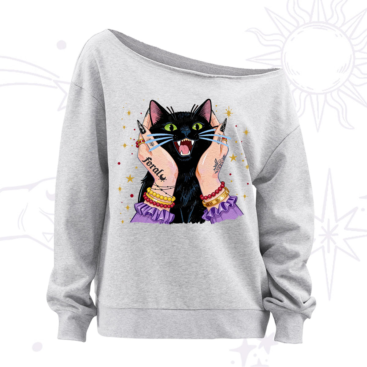 Purplehecate Feral Cat Magic Off The Shoulder Sweatshirt