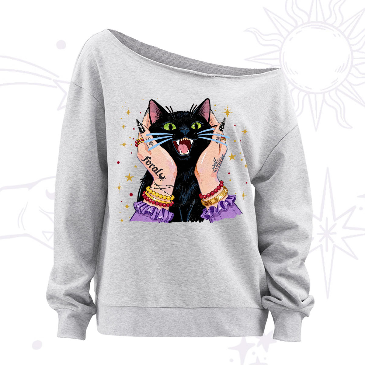 Purplehecate Feral Cat Magic Off The Shoulder Sweatshirt