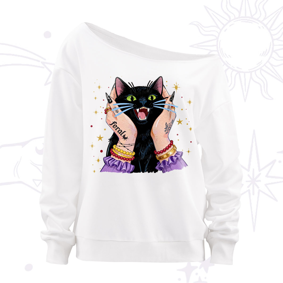 Purplehecate Feral Cat Magic Off The Shoulder Sweatshirt