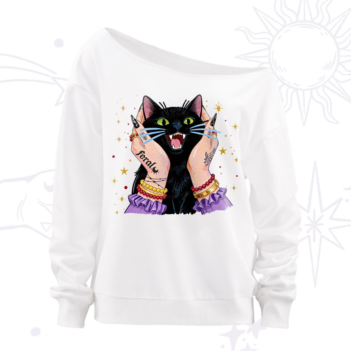 Purplehecate Feral Cat Magic Off The Shoulder Sweatshirt