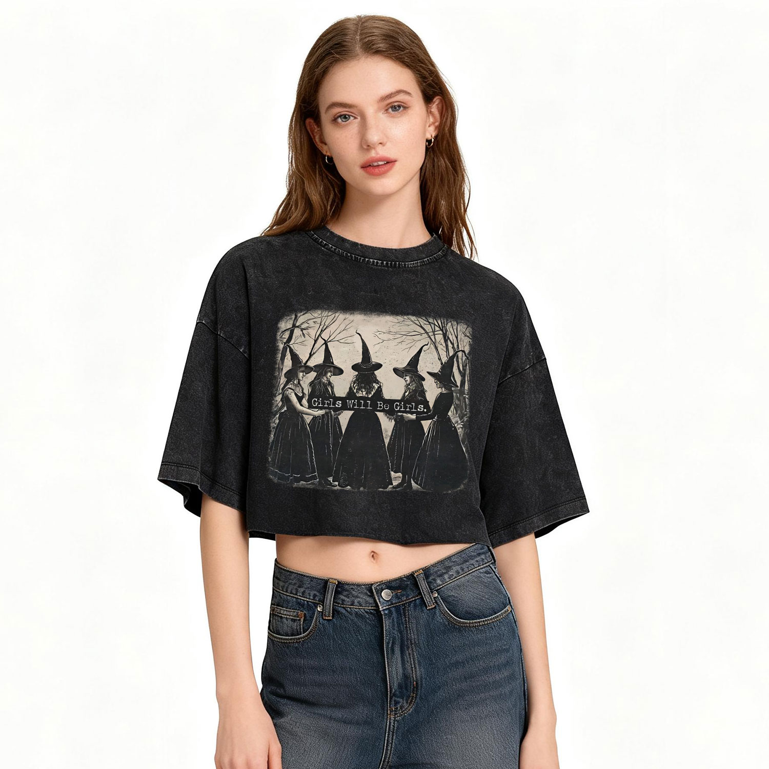 Purplehecate Girls Will Be Girls Witch Washed Cropped T-Shirt