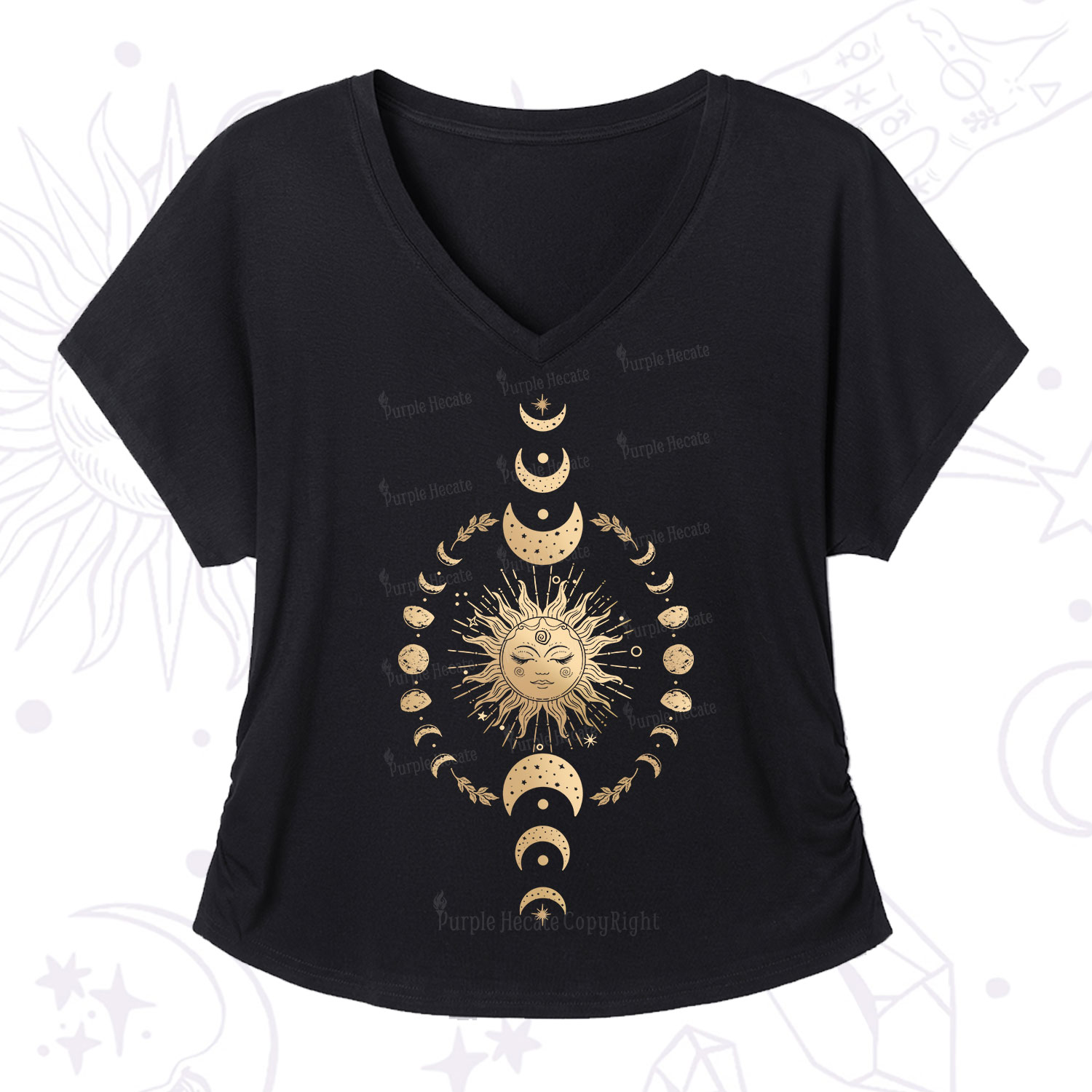 Purplehecate Celestial Sun & Moon Phases V-Neck T-Shirt