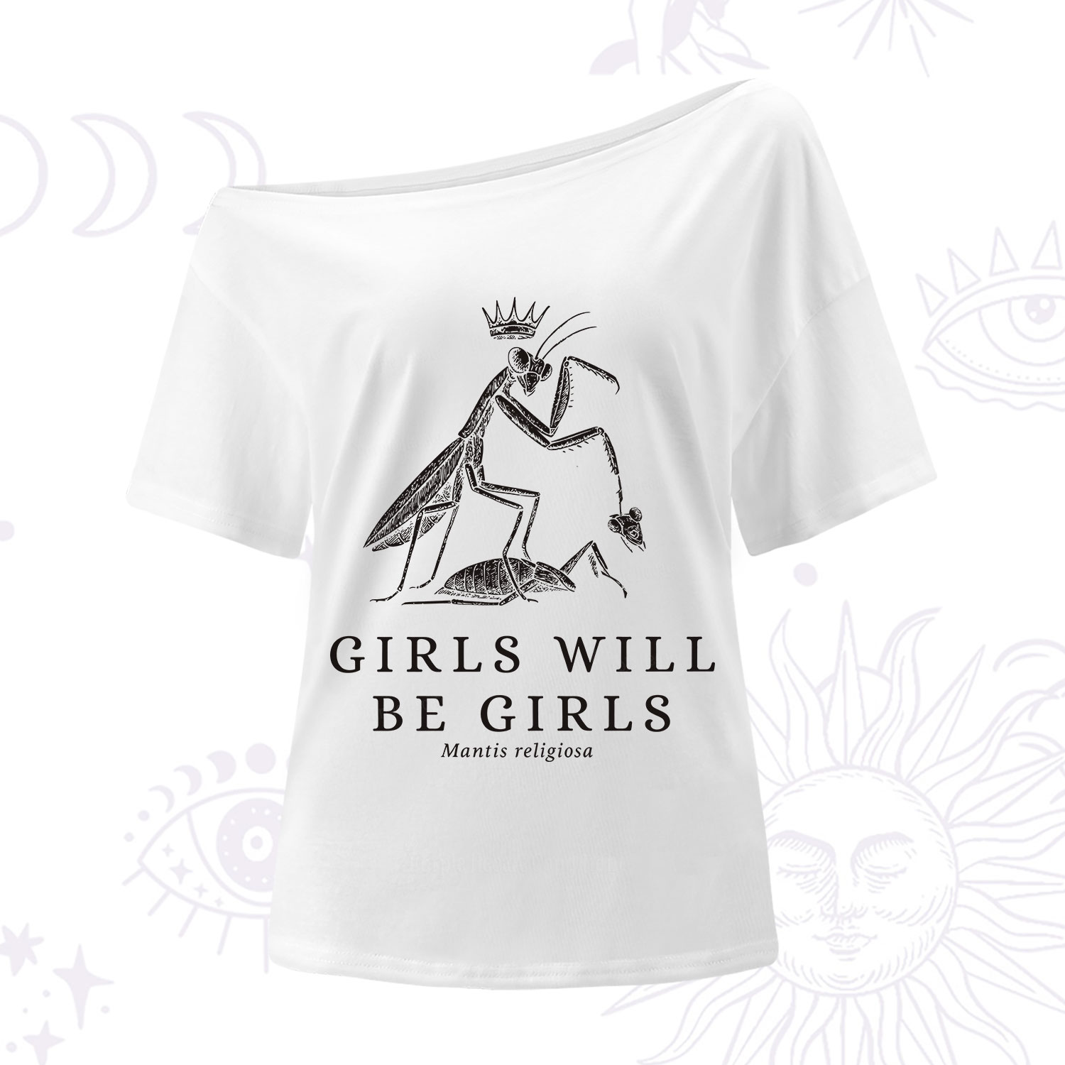 Purplehecate Girls Will Be Girls Funny Praying Mantis One Shoulder T-Shirt