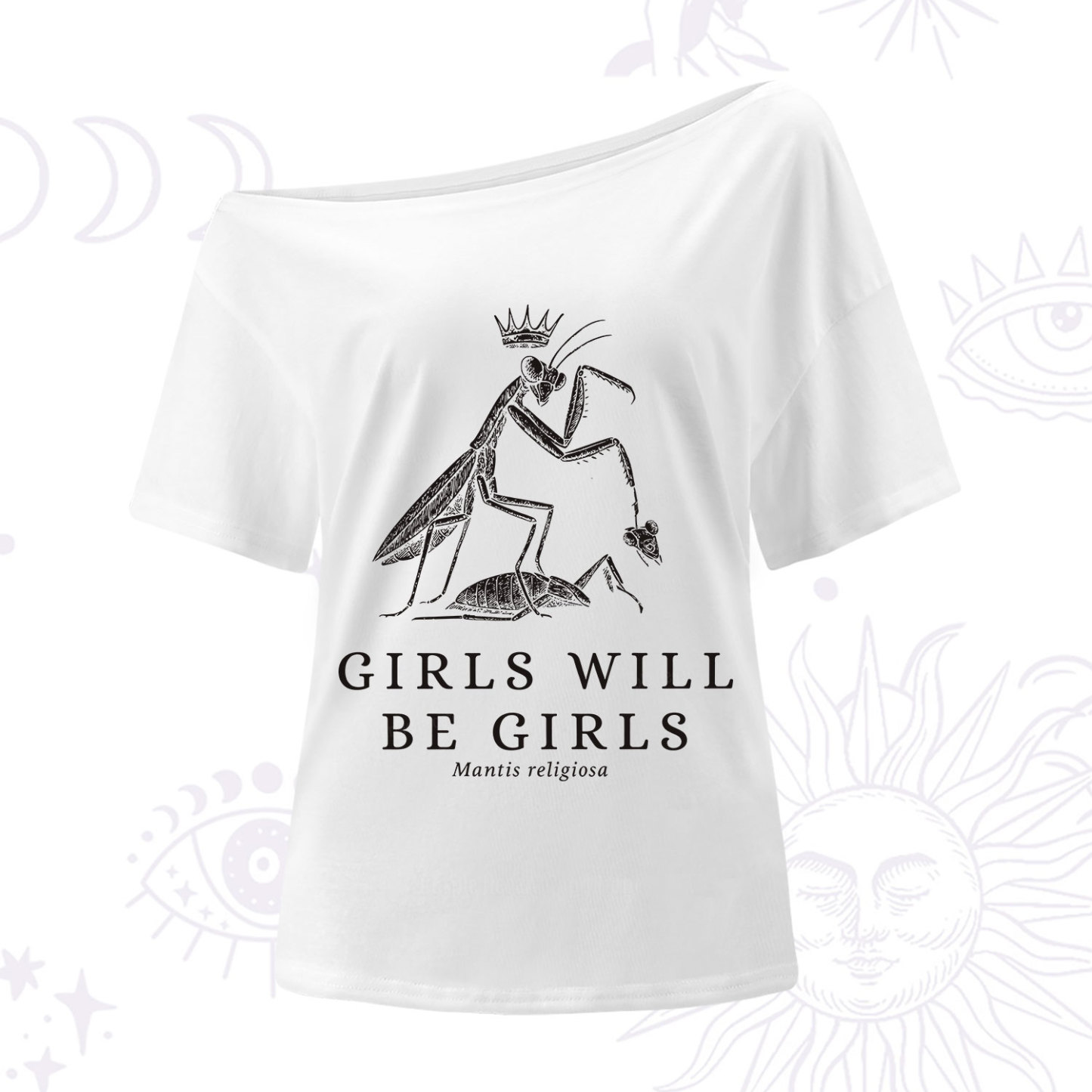 Purplehecate Girls Will Be Girls Funny Praying Mantis One Shoulder T-Shirt