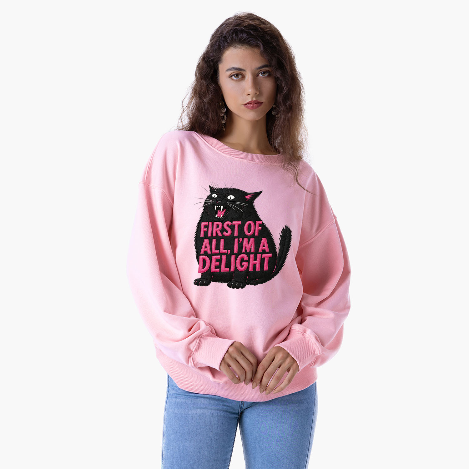 Purplehecate First Of All I'm A Delight Cat Embroidered Sweatshirt