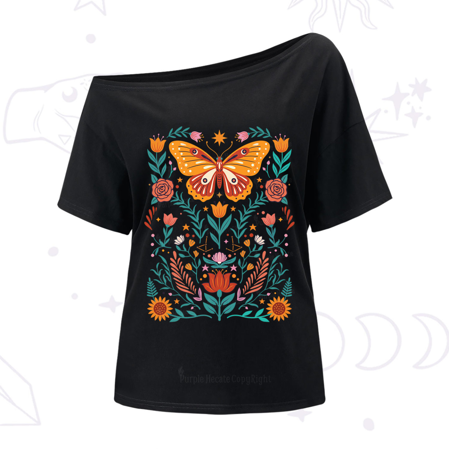 Purplehecate Boho Colorful Celestial Butterfly One Shoulder T-Shirt