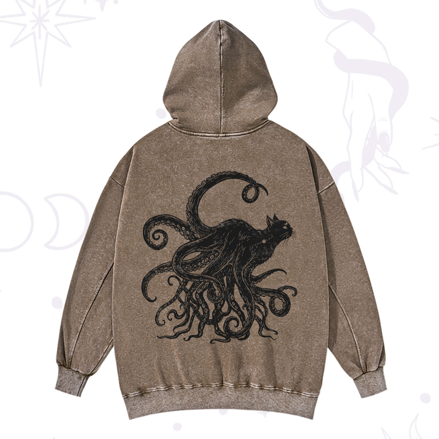 Purplehecate Black Cat with Octopus Tentacles Washed Hoodie