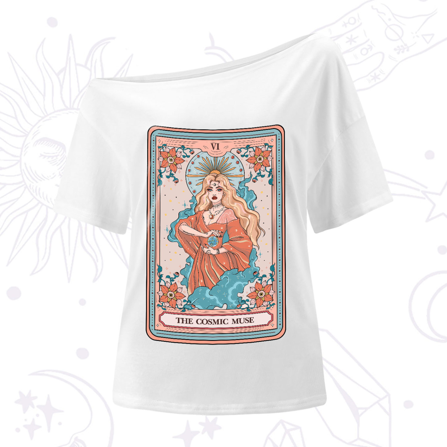 Purplehecate The Cosmic Muse Tarot Card One-Shoulder T-Shirt
