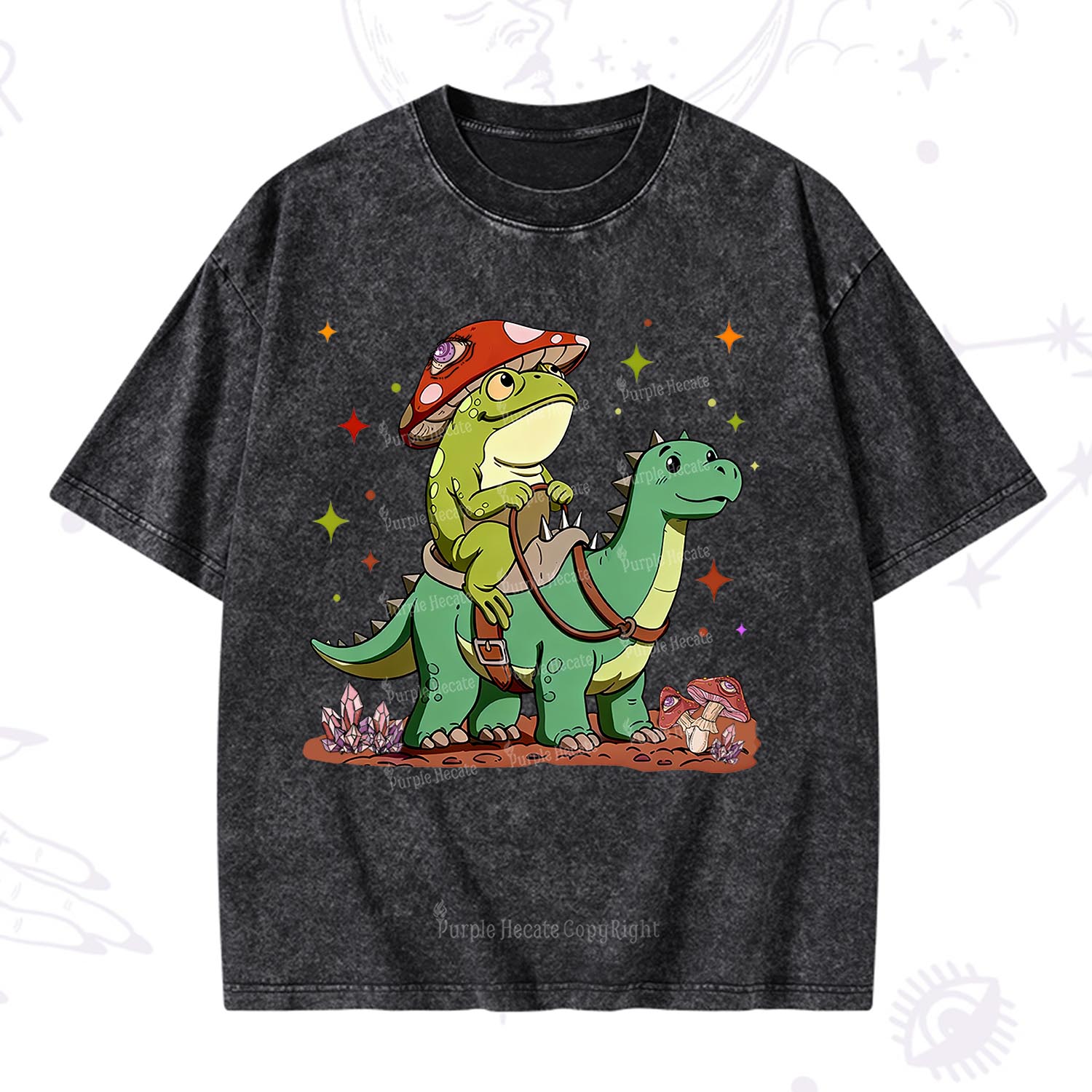 Purplehecate  Frog Riding a Dinosaur Washed T-Shirt