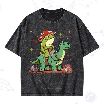 Purplehecate  Frog Riding a Dinosaur Washed T-Shirt