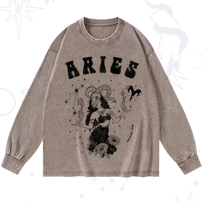 Purplehecate Aries Zodiac Glyphs Washed Long Sleeve Shirt