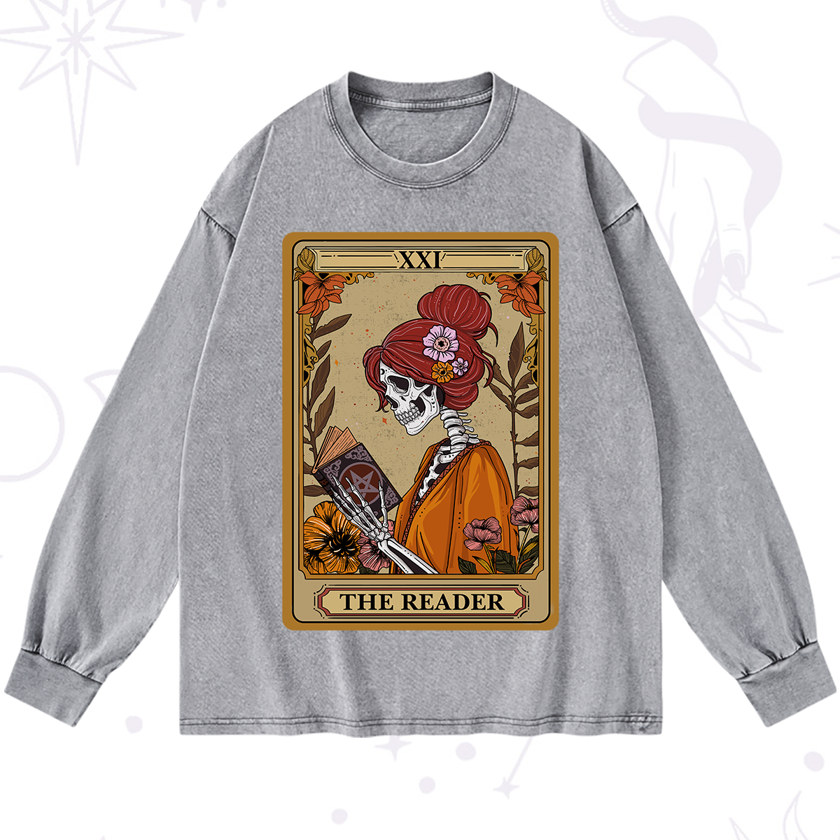 Purplehecate The Reader Tarot Card Skeleton Washed Long Sleeve Shirt