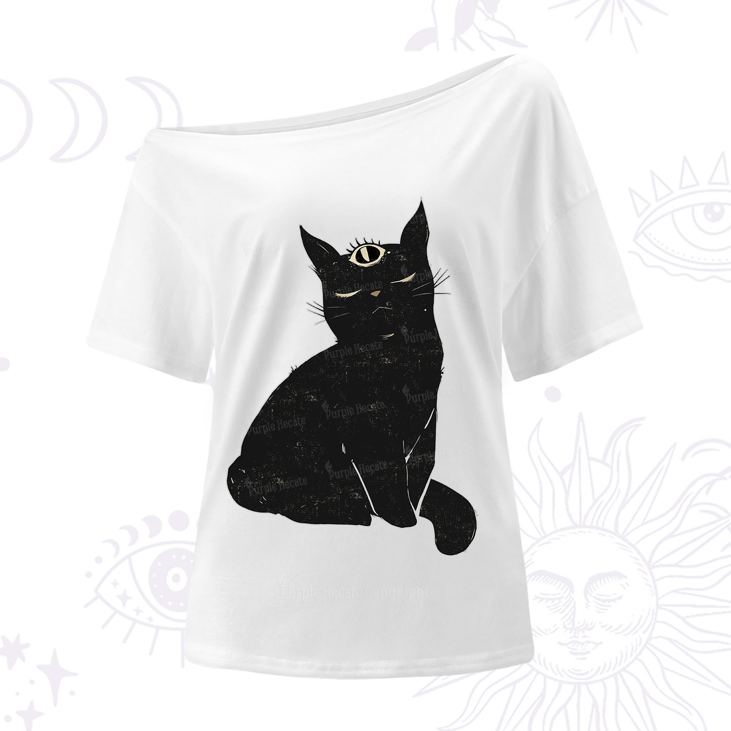 Purplehecate Third Eye Black Cat One Shoulder T-Shirt