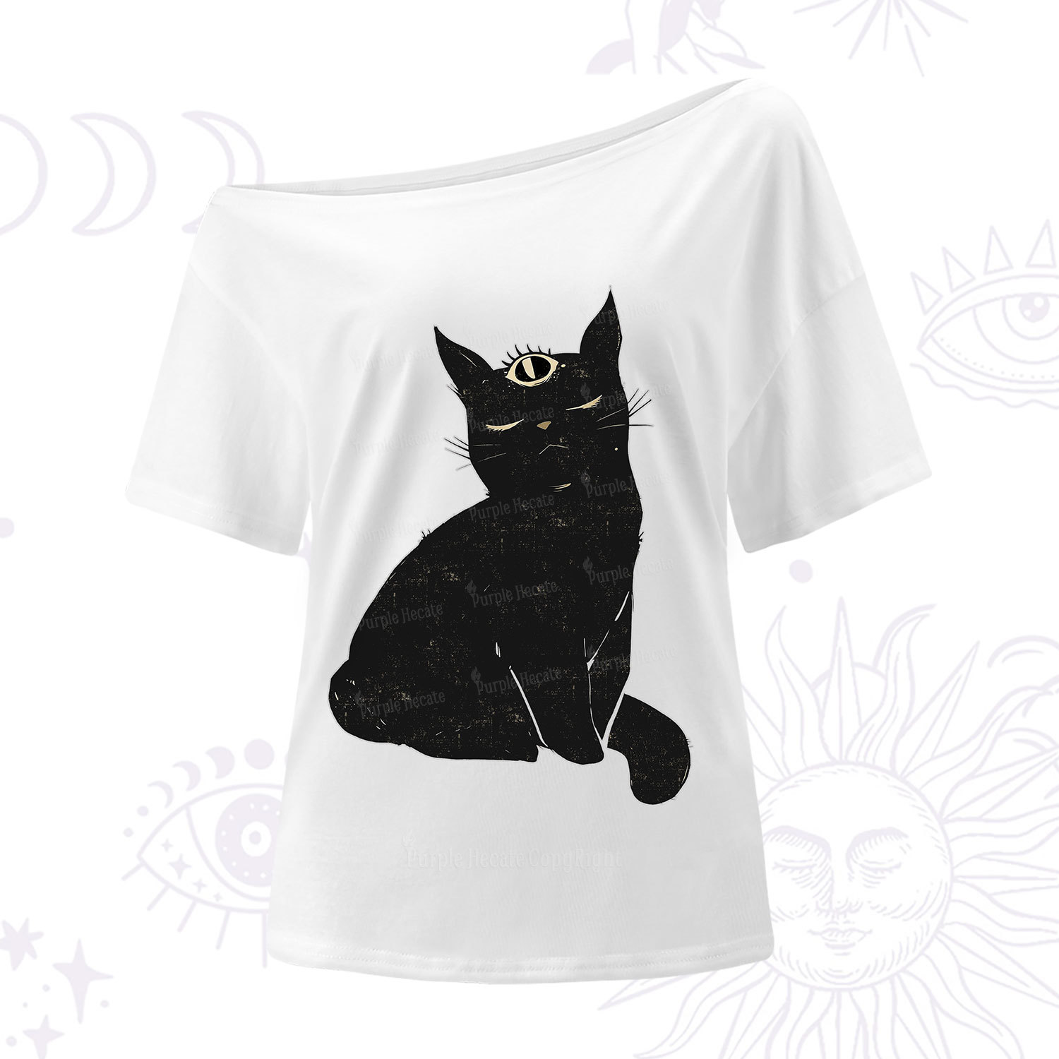 Purplehecate Third Eye Black Cat One Shoulder T-Shirt