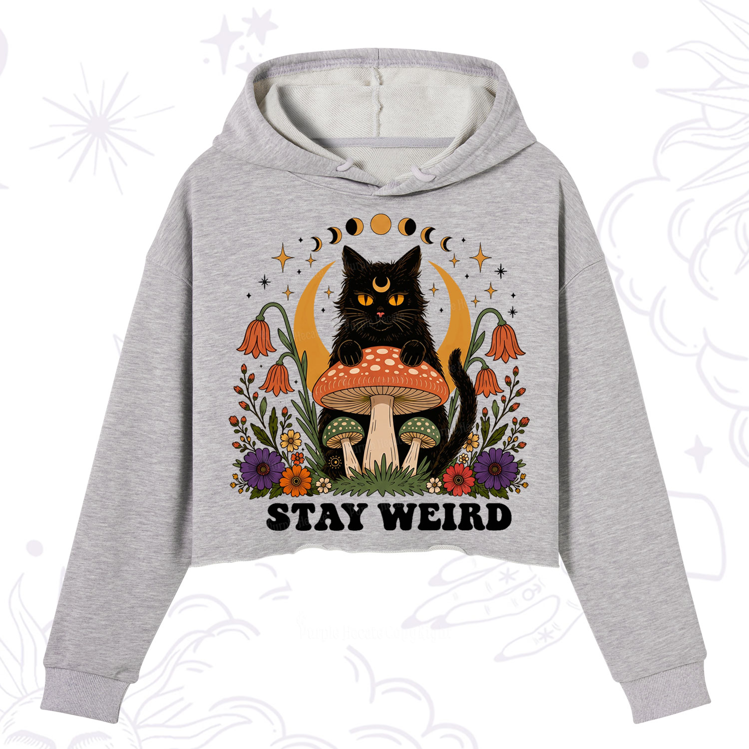 Purplehecate Stay Weird Black Cat Crop Hoodie