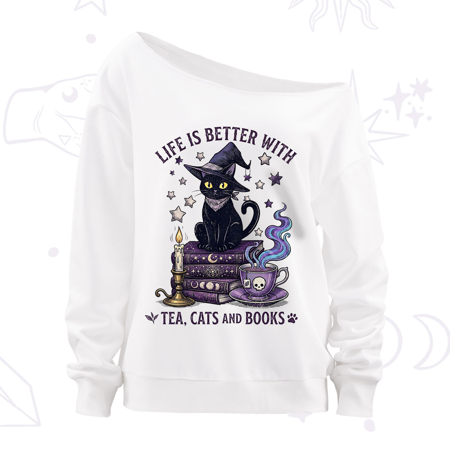 Purplehecate Life Is Better With Cats And Books Off The Shoulder Sweatshirt