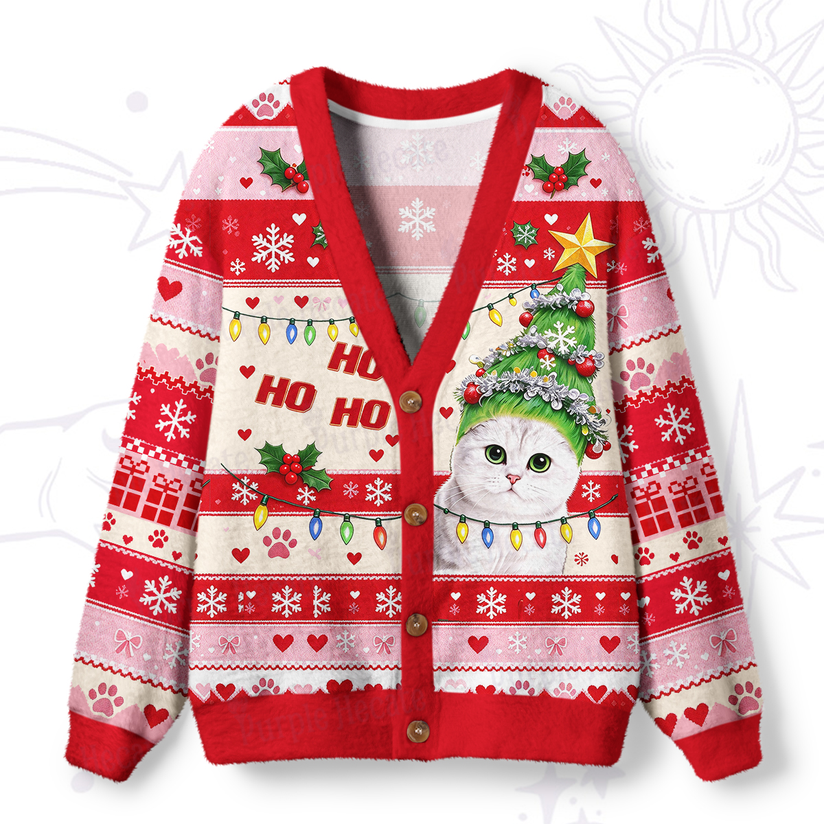 Purplehecate Cute Christmas Tree Hat Cat Ugly Cardigan Sweaters