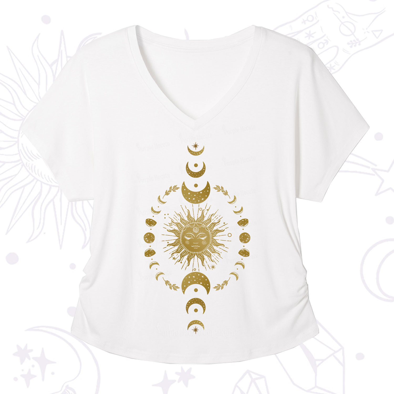 Purplehecate Celestial Sun & Moon Phases V-Neck T-Shirt