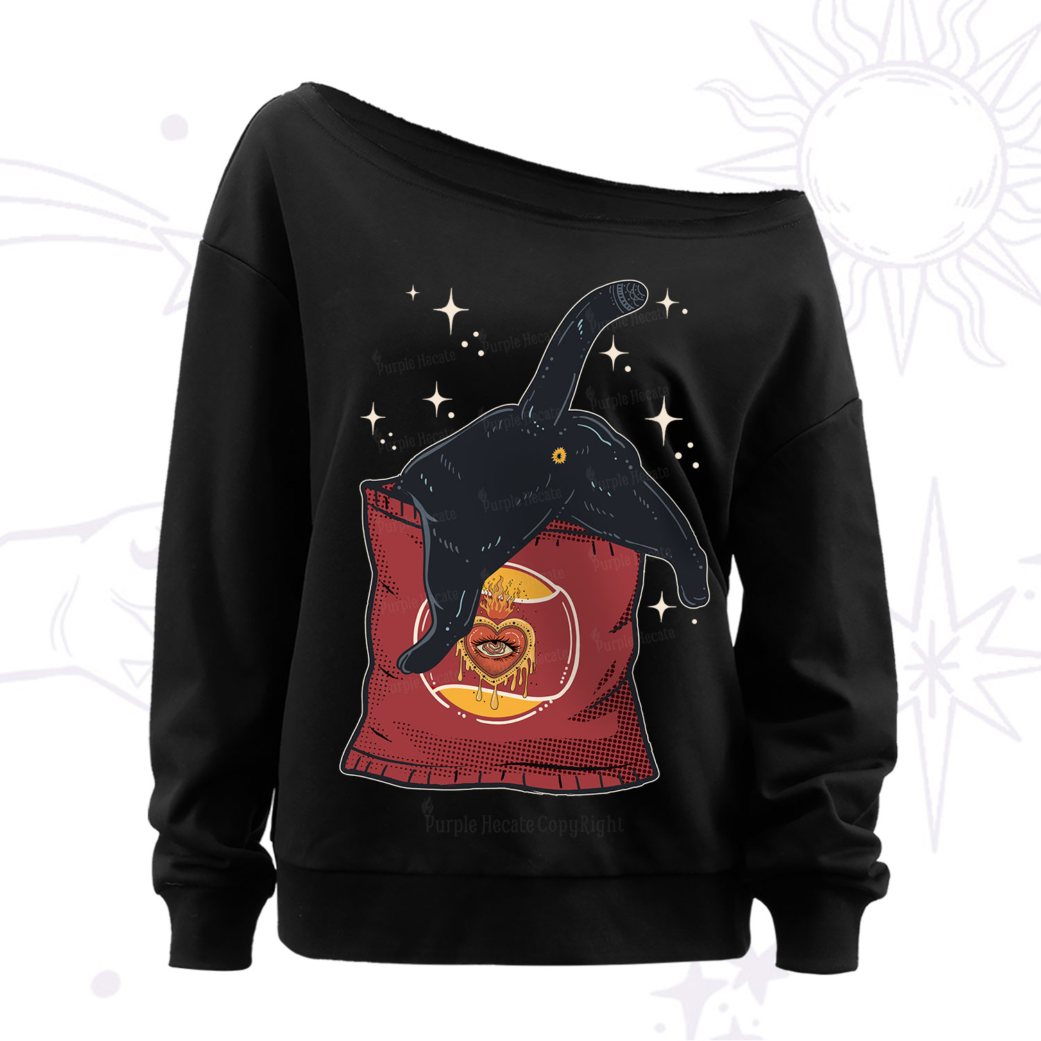 Purplehecate Curious Witch Cat Off The Shoulder Sweatshirt