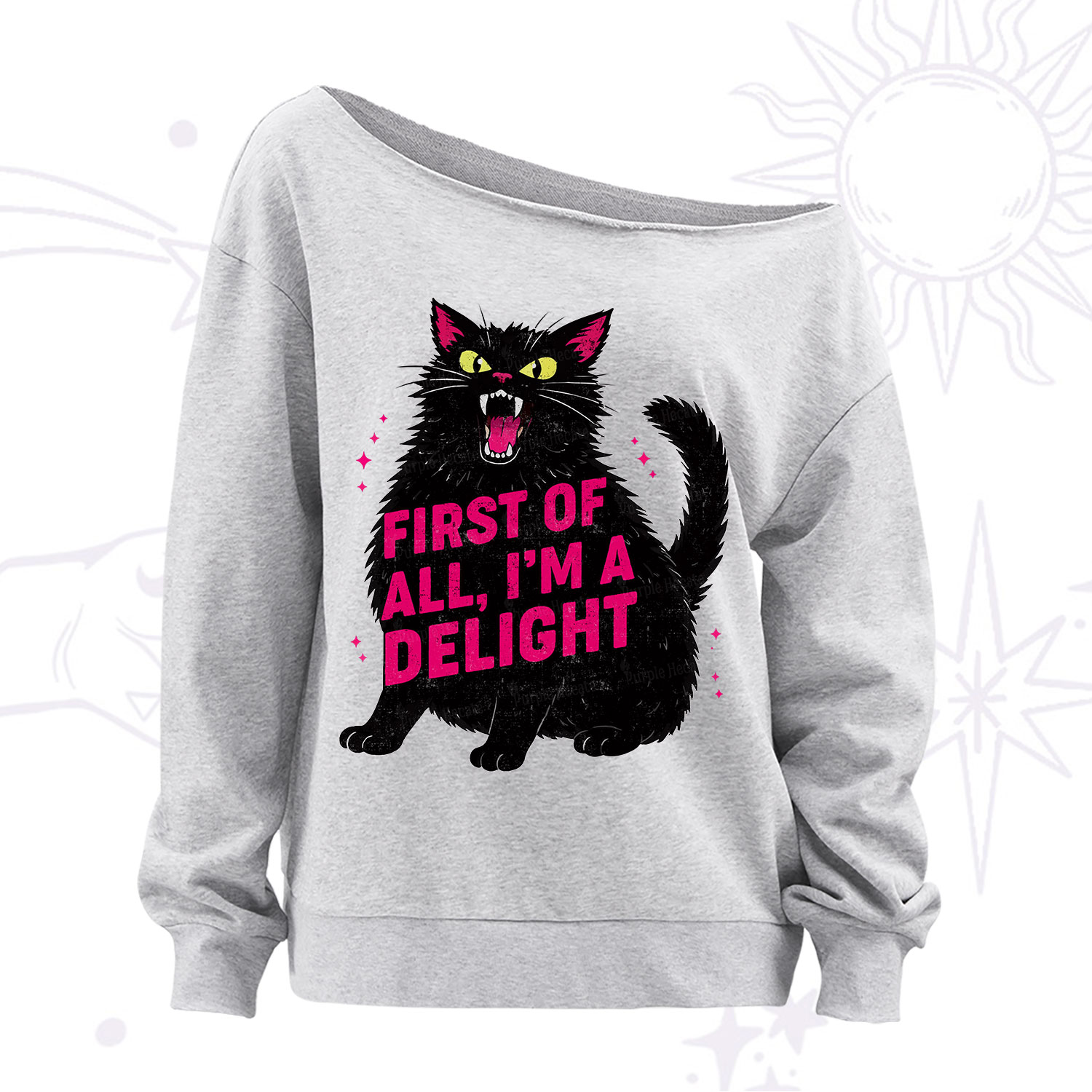 Purplehecate First Of All I'm A Delight Cat Off The Shoulder Sweatshirt