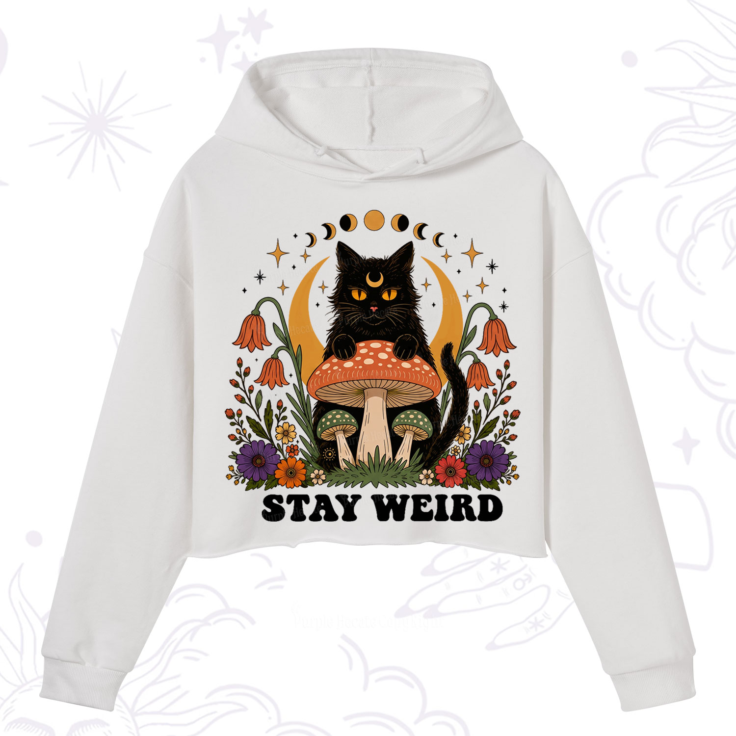Purplehecate Stay Weird Black Cat Crop Hoodie